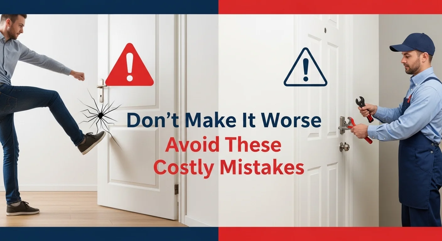 Comparison between damaging DIY break-in attempt and professional locksmith opening door safely
