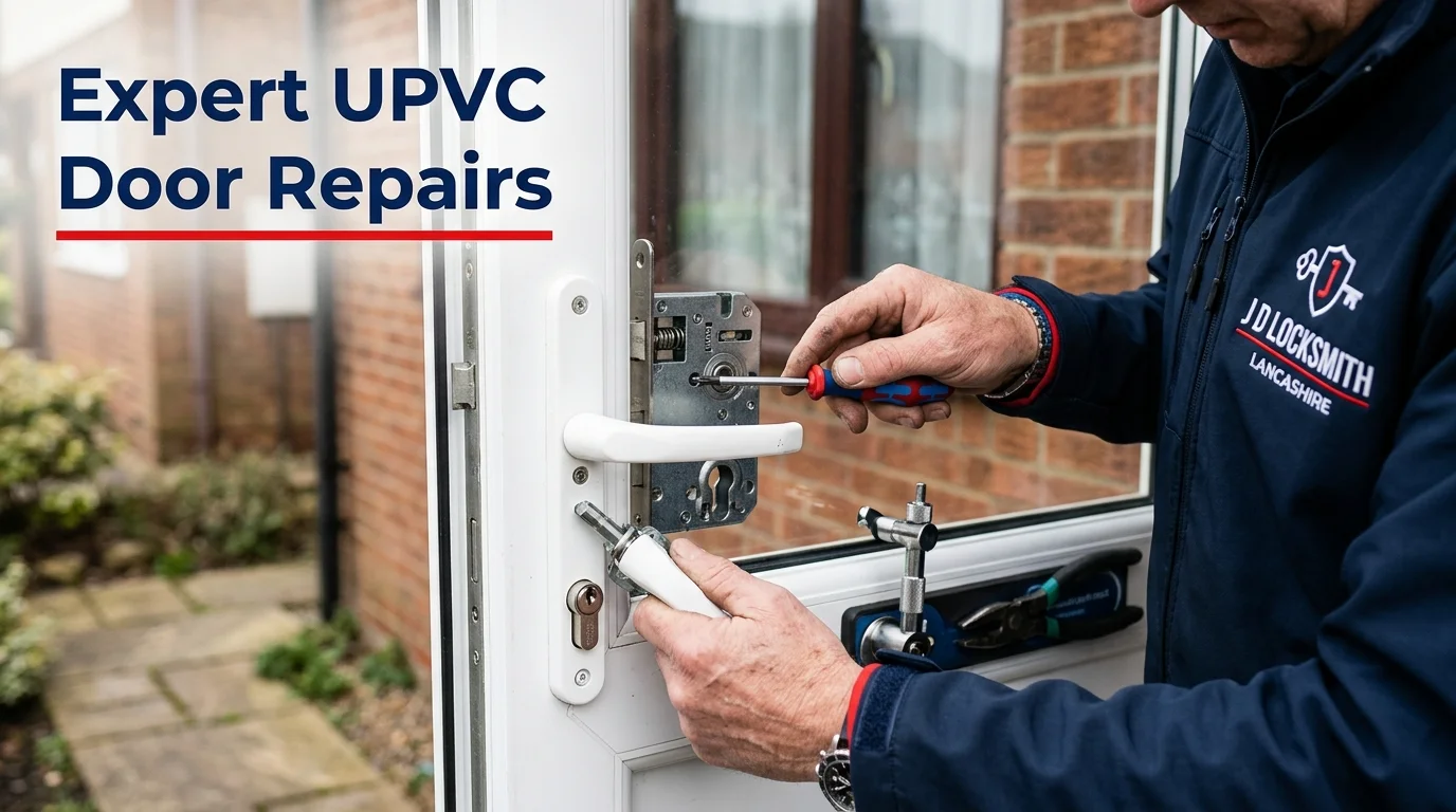 Expert UPVC door repair service - professional locksmith fixing UPVC door mechanism in Lancashire