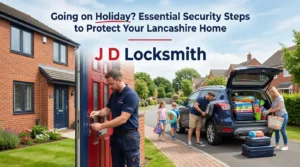 Holiday home security assessment - professional locksmith conducting pre-departure security checks for Lancashire family