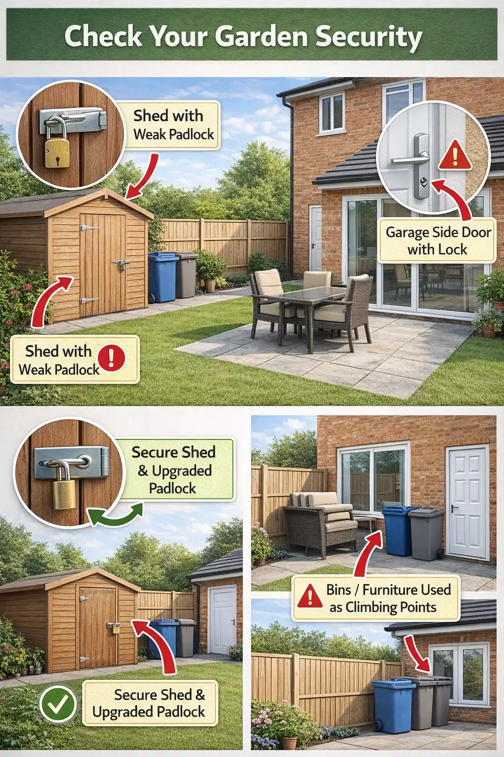 Infographic showing shed locks and garden items used for climbing