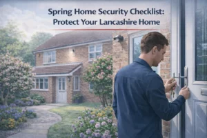 Homeowner checking door lock during spring home security inspection