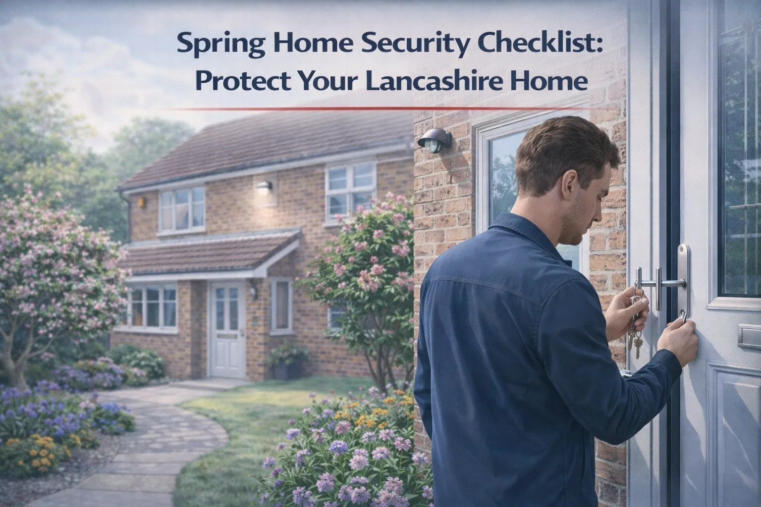 Homeowner checking door lock during spring home security inspection