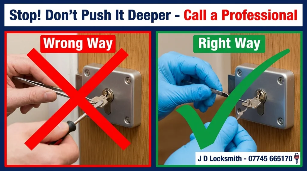 Broken key extraction warning - DIY attempts versus professional extraction showing why you shouldn't use tweezers