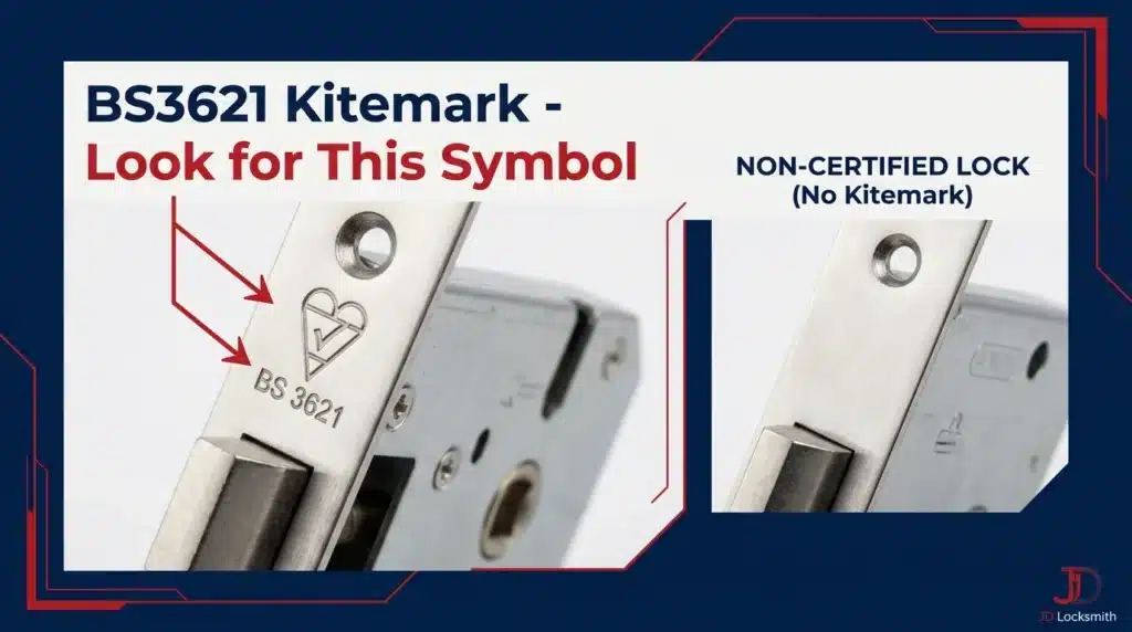 BS3621 kitemark identification guide - showing the certification symbol on lock faceplate and body