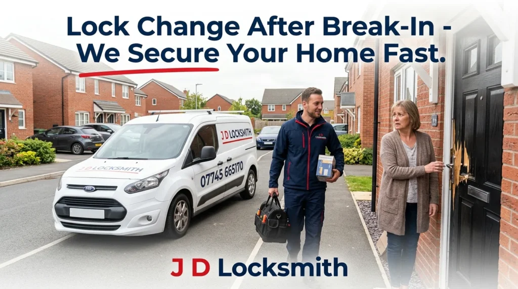 Emergency lock change after break-in - professional locksmith arriving urgently to secure damaged home in Lancashire