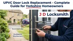 UPVC door lock replacement service - professional locksmith working on cylinder, mechanism, and handles in Yorkshire