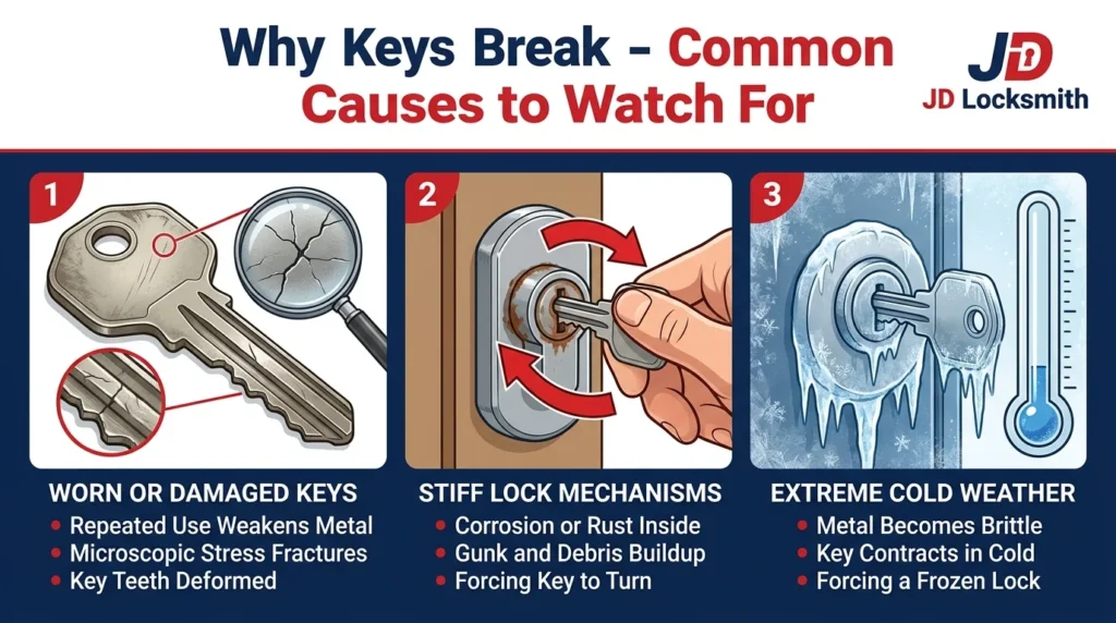 Common causes of broken keys - worn keys, stiff locks, and cold weather illustrated by J D Locksmith