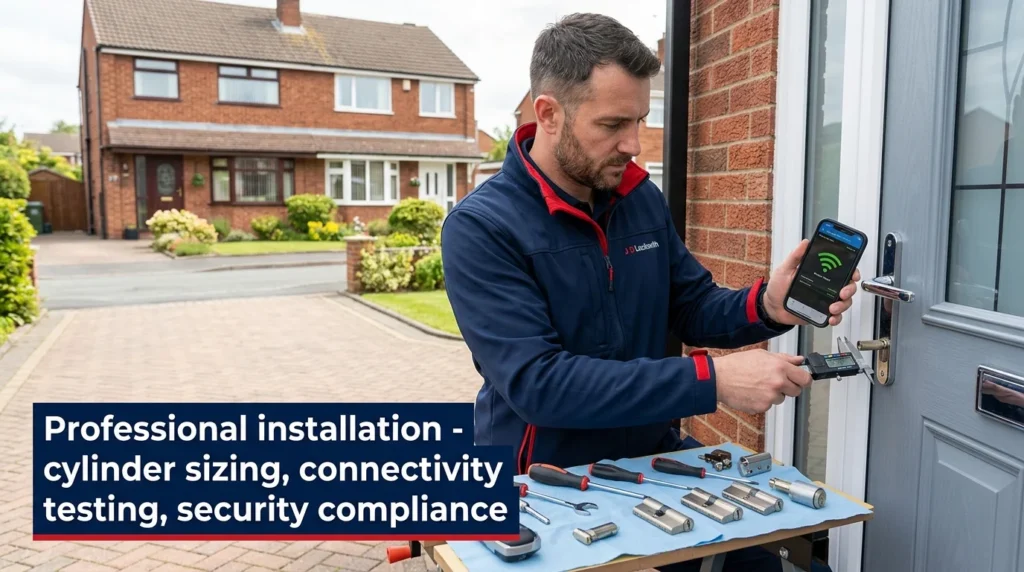 Professional smart lock installation process - precise cylinder measurement, connectivity testing, and security compliance checks