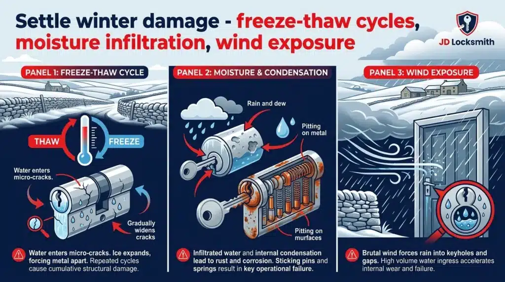 Winter damage to locks in Settle - freeze-thaw cycles, moisture infiltration, and wind exposure cause specific predictable damage