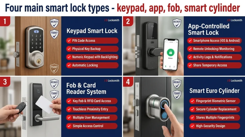 Four main smart lock types - keypad, app-controlled, fob, and smart cylinder systems compared for Lancashire homes