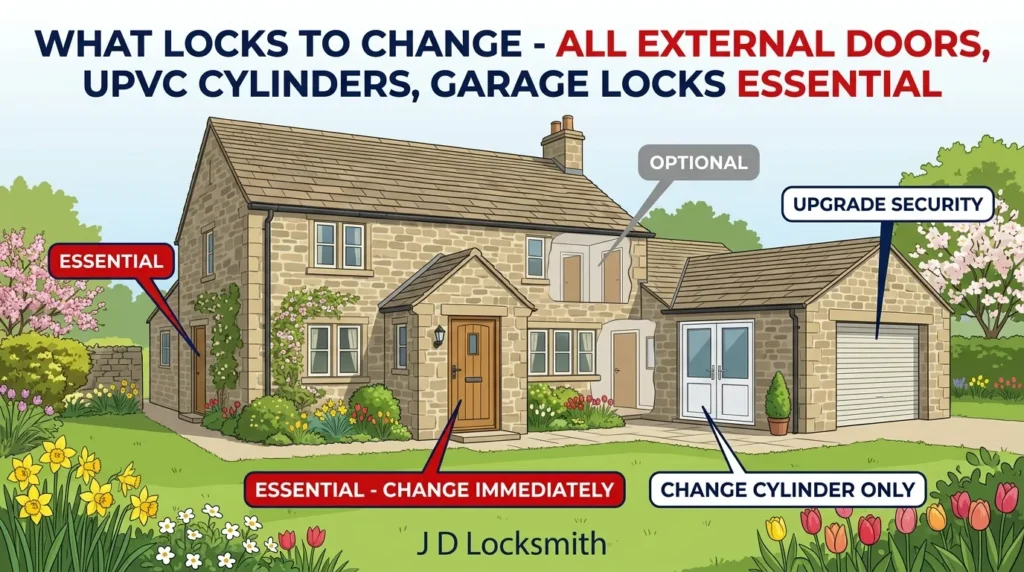 What locks to change when moving house - external doors, UPVC cylinders, and garage locks are essential priorities