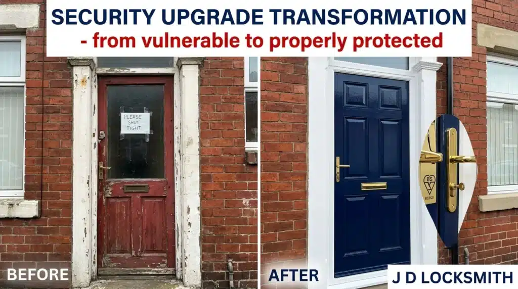 Before and after security upgrade - Great Harwood terraced door transformation from aging lock to British Standard protection