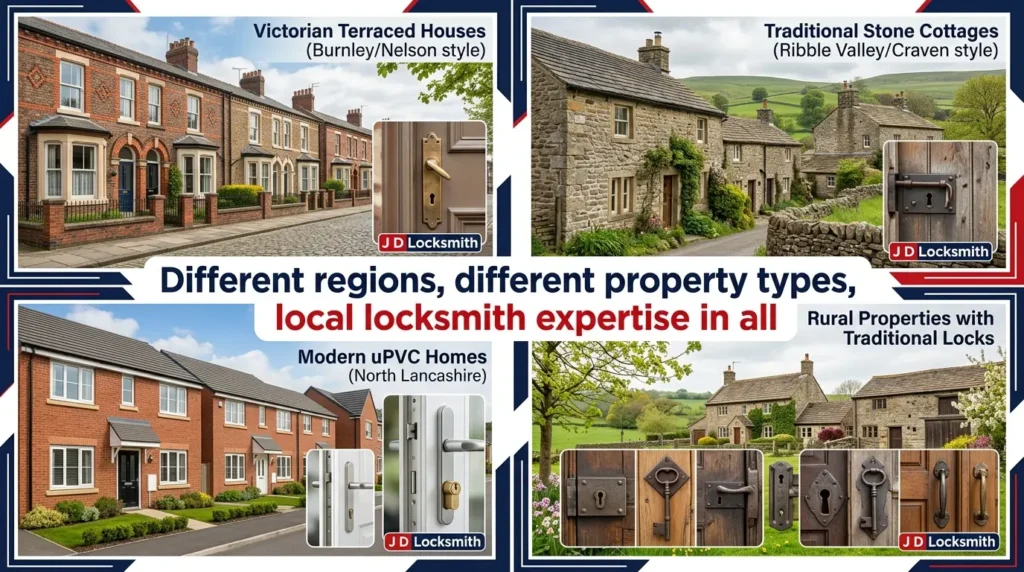 Regional property types across Lancashire Yorkshire - Victorian terraces, stone cottages, modern homes, rural properties served by local locksmith