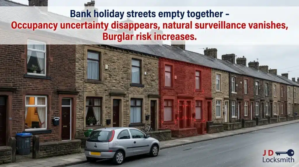 Colne terraced street during bank holiday - showing occupancy contrast and reduced natural surveillance on empty weekend