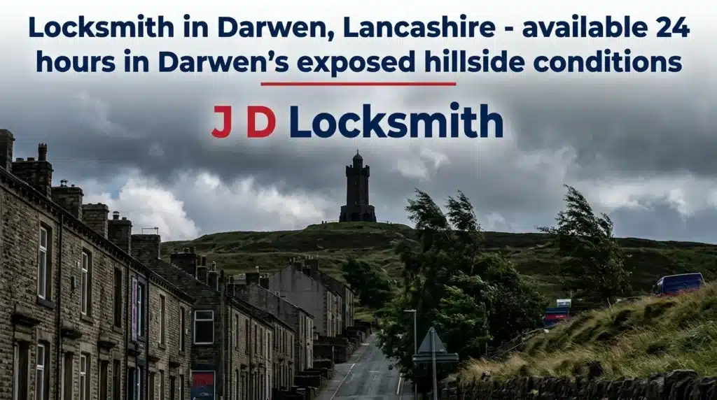 Locksmith in Darwen - hilltop town with Darwen Tower visible, harsh weather exposure shapes local locksmith work