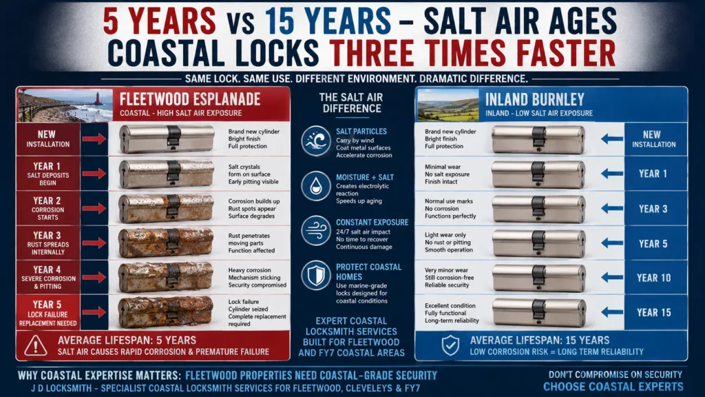 Fleetwood coastal lock lifespan comparison - salt air ages seafront cylinders three times faster than inland Lancashire