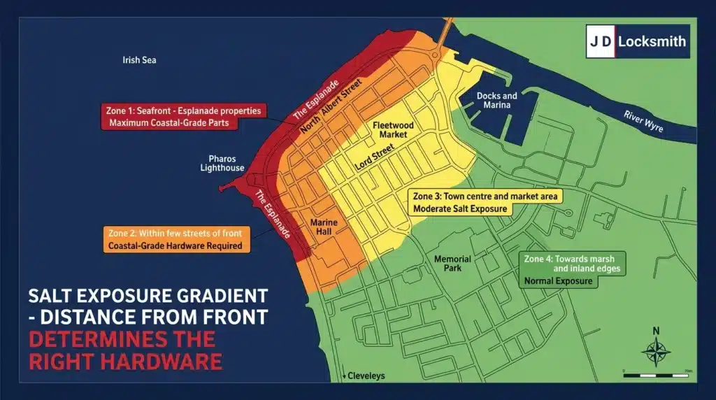 Fleetwood salt exposure zones map showing coastal-grade hardware requirements based on distance from the seafront