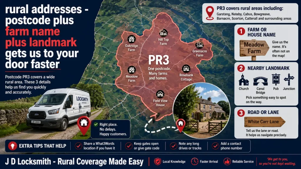 Rural address navigation guide for Garstang callers - postcode plus farm name plus landmark ensures faster locksmith arrival