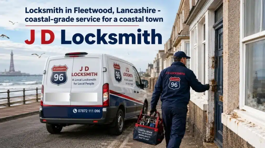 Fleetwood coastal locksmith working near the Esplanade with salt-air corrosion effects visible on seafront property