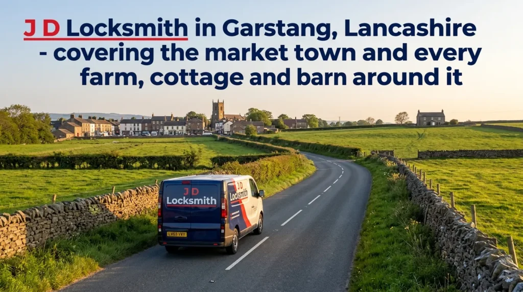 Garstang in locksmith travelling A6 through Wyre countryside toward market town, rural service reach demonstrated