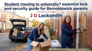 University move-in day - Barnoldswick parent checking student house security while young adult begins independent life