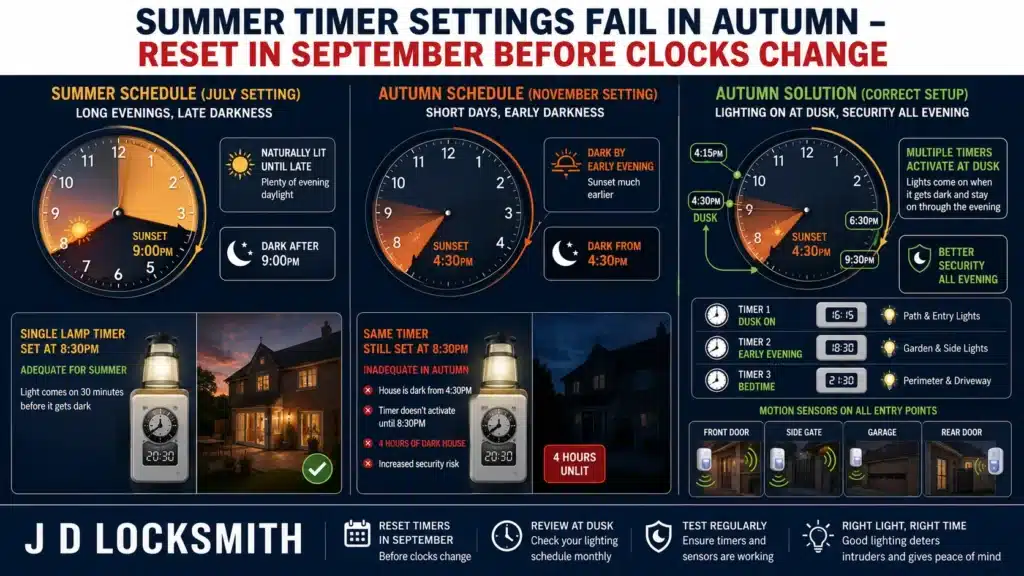 Summer versus autumn lighting timer adjustments needed for Silsden homes as evening darkness arrives earlier