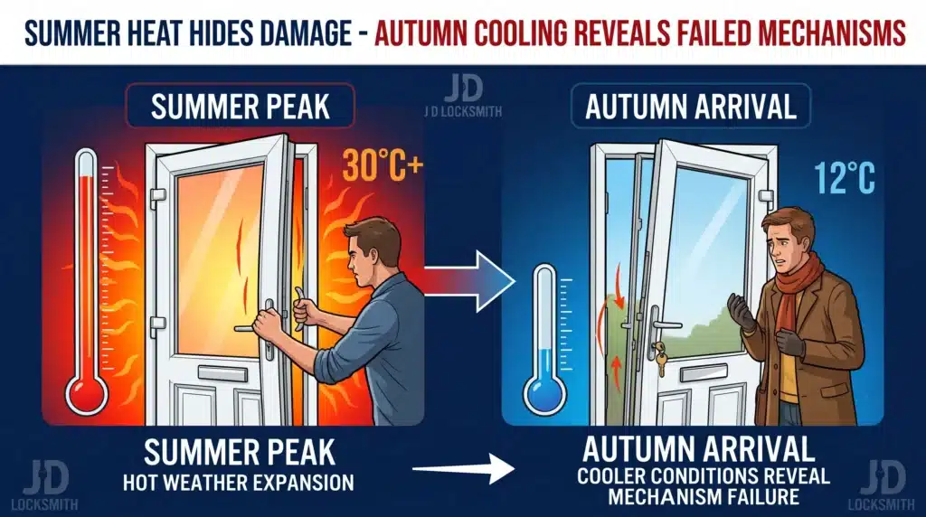 Summer heat damage to UPVC doors revealed when autumn cooling arrives, mechanism failure timeline visualization