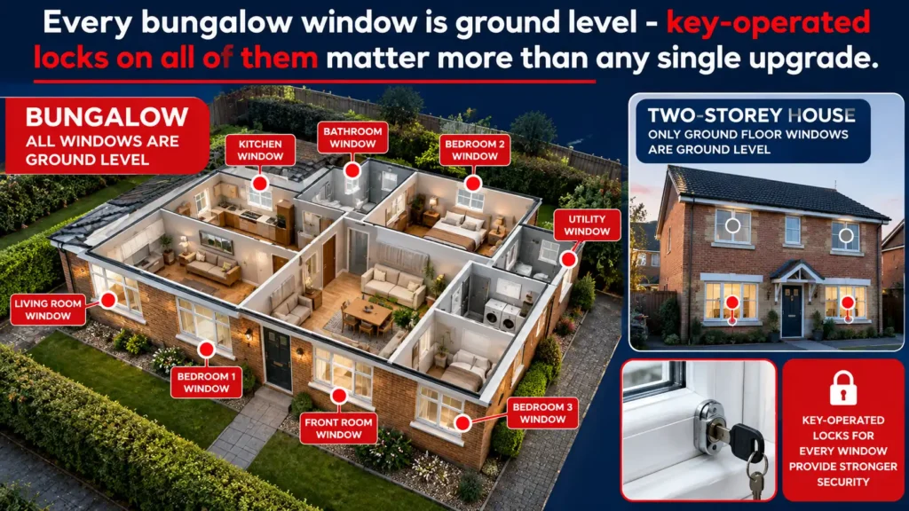 Bungalow ground-level window vulnerability visualisation showing every window accessible from ground level in Thornton-Cleveleys homes
