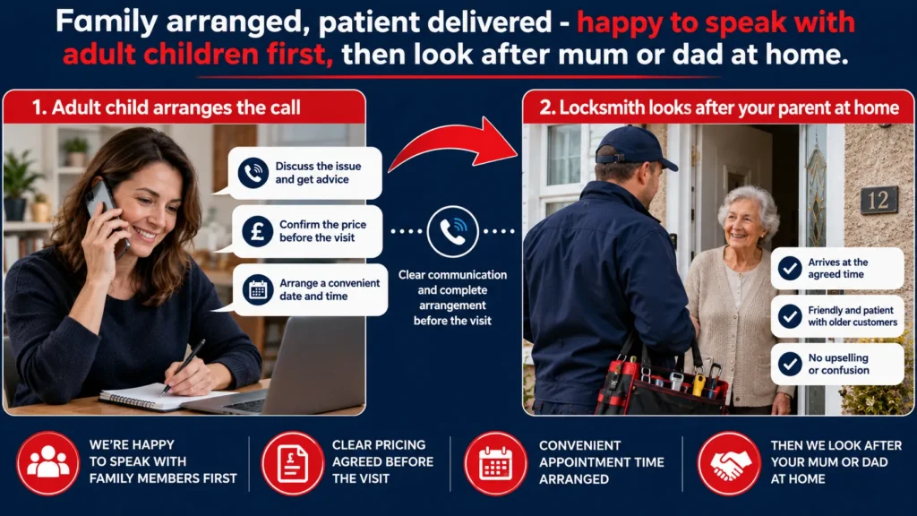 Family-arranged locksmith call process for Thornton-Cleveleys older adults with adult children coordinating from remote location