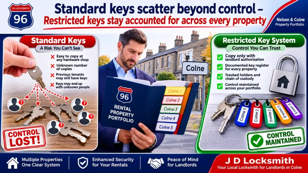 Portfolio key management comparison showing standard keys versus restricted key systems for Colne landlords